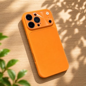 May include: A bright orange smartphone case with a smooth matte finish. The case features a raised camera module cutout with three circular lens openings, a flash aperture, and a small sensor hole, designed to fit a modern mobile device.