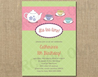Tea Time Birthday Invitation - Girl - Teacup - Teapot - Children - Surprise Party - Playdate - Digital File