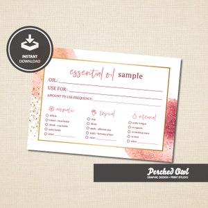 Op de afbeelding: Een afdrukbare essentiële olie-voorbeeldkaart met een gouden rand en aquarelaccenten. De kaart bevat secties voor olienaam, gebruik en frequentie, samen met opties voor aromatisch, topisch en intern gebruik. Het woord "Instant Download" is ook zichtbaar.