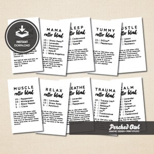 May include: Printable essential oil blend recipe cards. Each card details a blend such as "Mama" or "Muscle", with ingredient quantities and instructions. Includes "Instant Download" text.