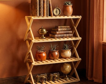 Opvouwbare houten boekenplank - opvouwbare boekenkast, plank zonder montage, massief grenen plantenstandaard, rustiek opbergrek