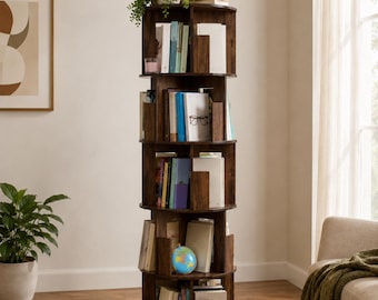 Rotating Bookshelf, 360 Spinning Bookcase, Tall Corner Book Shelf, Wooden Book Organizer, Space Saving Storage Shelf, Modern Home Decor
