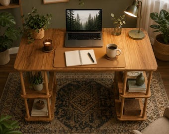 Wooden Home Office Desk with Storage Shelves - Scandinavian Writing Table, Tool-Free Assembly, Modern Study Desk