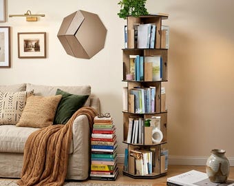 Estantería giratoria de 5 niveles - Librería giratoria de madera, estante giratorio de 360°, organizador de libros que ahorra espacio, almacenamiento moderno para biblioteca doméstica