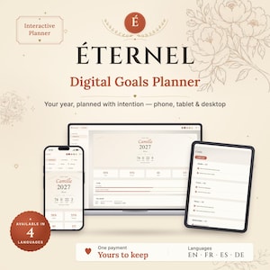 Peut inclure: Le planificateur d'objectifs numérique ÉTERNEL est affiché sur un smartphone, un ordinateur portable et une tablette. L'interface présente des tons beige et terre cuite avec le texte Camille 2027, des barres de progression et des sections interactives.