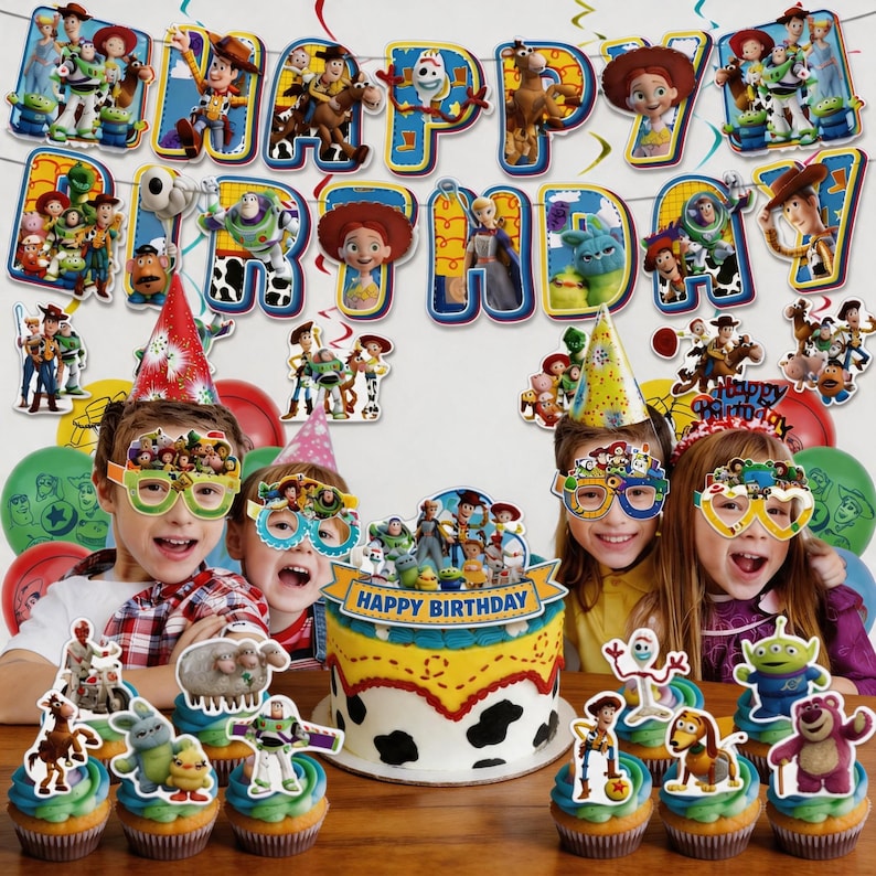 May include: A Toy Story themed birthday party set featuring a Happy Birthday banner, decorative paper glasses, and a cake topper. The collection includes various character cutouts, cupcake toppers, and a cake decorated with a yellow and white cow print pattern.