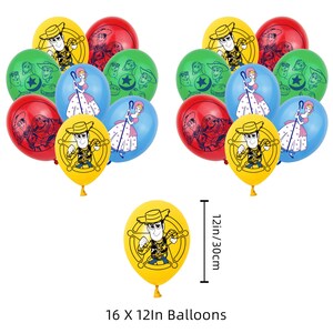 May include: A set of 16 balloons, each measuring 30 cm, featuring printed graphics of characters from Toy Story. The balloons come in yellow, red, green, and blue, displaying illustrations of Woody, Bo Peep, and sheriff star badges.