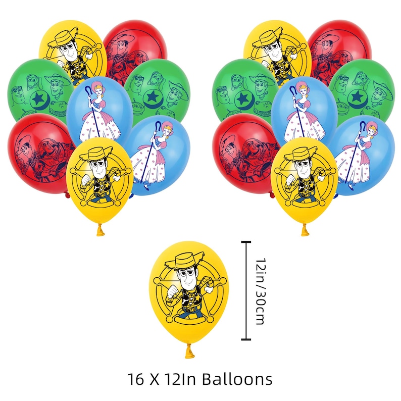 May include: A set of 16 balloons, each measuring 30 cm, featuring printed graphics of characters from Toy Story. The balloons come in yellow, red, green, and blue, displaying illustrations of Woody, Bo Peep, and sheriff star badges.