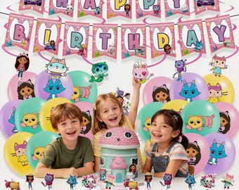 Gabby's Dollhouse Birthday Party Decor | Banner Balloons Cake Topper | Kids Party Decorations