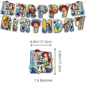 May include: A Toy Story themed Happy Birthday banner featuring various character cutouts including Woody, Buzz Lightyear, and Jessie. Each letter cutout measures 17.3 cm in height and width. The set includes one banner with colourful illustrations.