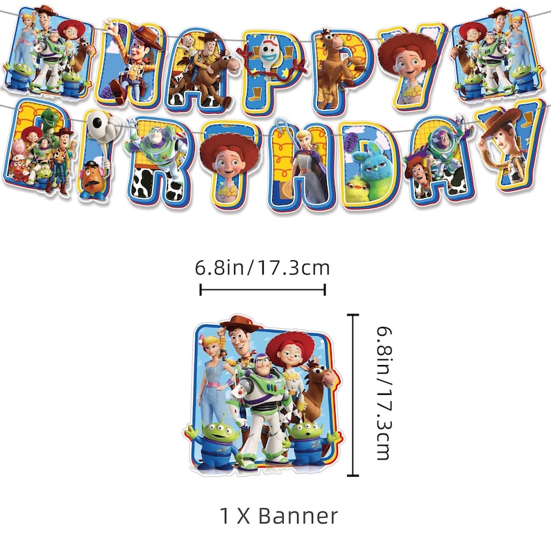May include: A Toy Story themed Happy Birthday banner featuring various character cutouts including Woody, Buzz Lightyear, and Jessie. Each letter cutout measures 17.3 cm in height and width. The set includes one banner with colourful illustrations.