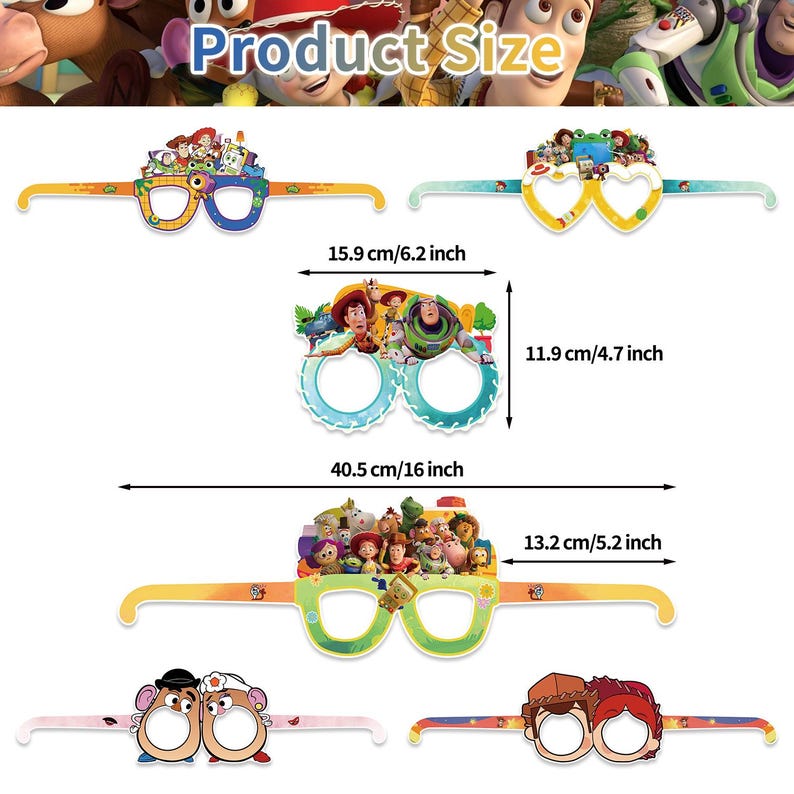 May include: A collection of paper party glasses featuring Toy Story characters. The glasses display various designs with printed dimensions, including 15.9 cm by 11.9 cm and 40.5 cm by 13.2 cm for specific frame styles, showing metric measurements.
