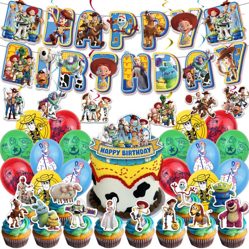 May include: A Toy Story themed party decoration set featuring a Happy Birthday banner with character cutouts, a cake topper with a Happy Birthday sign, and various cupcake toppers. Includes balloons and cardstock cutouts of Woody, Buzz Lightyear, Jessie, and other characters.