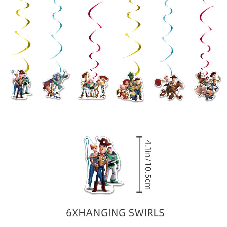 May include: Six hanging swirls featuring Toy Story character cutouts in yellow, blue, and red. Each cutout displays various characters from the film. A measurement graphic indicates a height of 10.5 cm for the individual character cutouts.