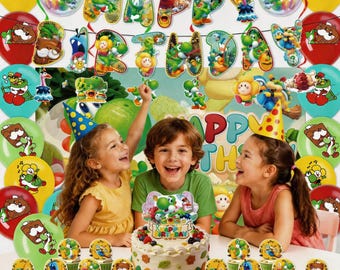 Yoshi Birthday Party Decor | Banner Balloons Cake Topper | Kids Party Decorations