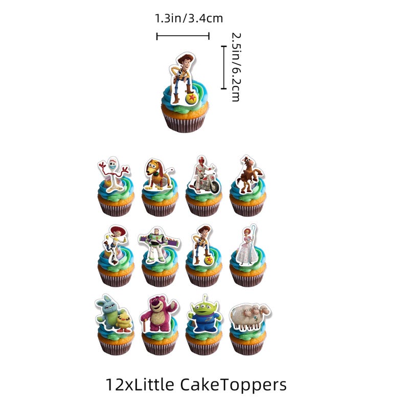 May include: A set of 12 cupcake toppers featuring various Toy Story character illustrations. Each topper measures 3.4 cm wide by 6.2 cm high. The characters include Woody, Buzz Lightyear, Forky, Jessie, Bo Peep, and others, displayed on individual cupcakes.