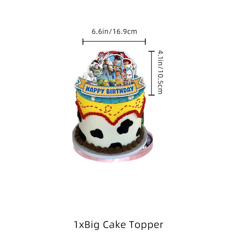 May include: A Toy Story themed cake topper featuring a group of animated characters and a blue banner with the text HAPPY BIRTHDAY. The topper measures 16.9 cm in width and 10.5 cm in height, displayed atop a cow-print decorated cake.