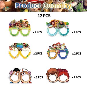 May include: A set of 12 decorative paper glasses featuring Toy Story characters. The collection includes six distinct designs, with two pieces of each style. The frames display colourful illustrations of Woody, Buzz Lightyear, Jessie, and other movie figures.