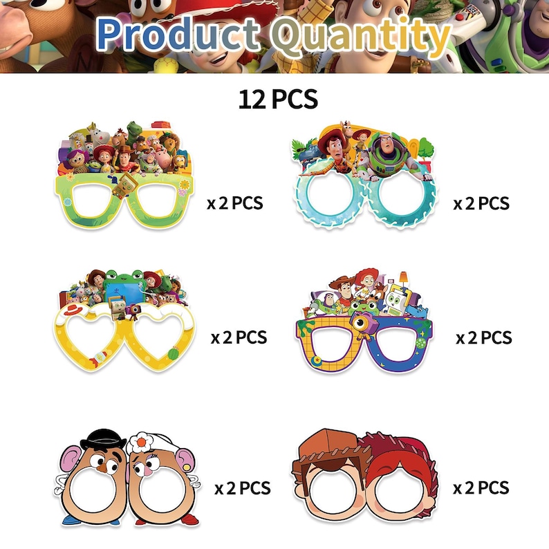 May include: A set of 12 decorative paper glasses featuring Toy Story characters. The collection includes six distinct designs, with two pieces of each style. The frames display colourful illustrations of Woody, Buzz Lightyear, Jessie, and other movie figures.
