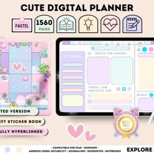 May include: A digital planner with a pastel theme, featuring a tablet and a planner cover. The tablet displays a to-do list and note sections. The planner cover has a heart and plant design. The image includes the text "CUTE DIGITAL PLANNER" and "1560 PAGES".