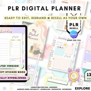 Könnte beinhalten: Digitaler Planer mit dem Text "PLR DIGITAL PLANNER" und "READY TO EDIT, REBRAND & RESELL AS YOUR OWN." Das Bild zeigt ein Tablet, das ein tägliches Planer-Layout anzeigt, zusammen mit anderen Planerseiten. Zu den Funktionen gehören eine undatierte Version, ein kostenloses Stickerbuch und voll verlinkte Seiten.