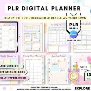 Könnte beinhalten: Digitaler Planer mit dem Text "PLR DIGITAL PLANNER" und "READY TO EDIT, REBRAND & RESELL AS YOUR OWN." Der Planer enthält undatierte Versionen, ein kostenloses Stickerbuch und ist vollständig verlinkt. Er hat 130 Seiten.