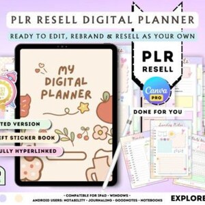 Könnte beinhalten: Digitaler Planer mit dem Text "My Digital Planner" auf einem Tablet-Bildschirm. Das Bild enthält den Text "PLR Resell Digital Planner" und "Ready to edit, rebrand & resell as your own". Es enthält auch ein Stickerbuch und ist vollständig verlinkt.