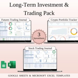 以下が含まれることがあります： 「Long-Term Investment & Trading Pack」というタイトルのデジタル製品パック。Futures Trading Journal、Crypto Portfolio Tracker、Stock Trading Journalの3つのスプレッドシートが含まれています。Google SheetsとMicrosoft Excelのテンプレートが含まれています。