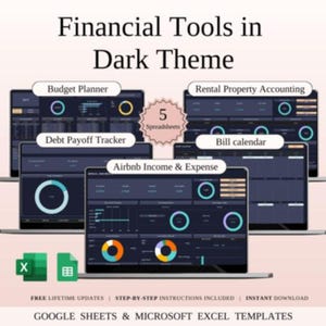 May include: A digital graphic showcasing financial tools in a dark theme. The image displays several laptop screens with labels like "Budget Planner" and "Airbnb Income & Expense." The text reads "Financial Tools in Dark Theme" and "5 Spreadsheets."