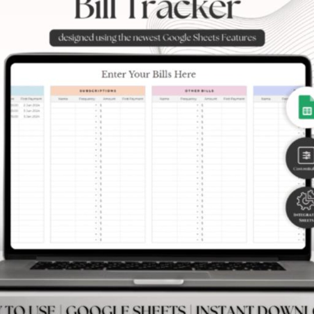 Bill Tracker Spreadsheet Google Sheets, Bill Payment Calendar, Monthly ...