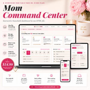 Op de afbeelding: Een digitaal Mom Command Center-dashboard weergegeven op een laptop, tablet en telefoon. De interface is roze en wit, met secties voor agenda's, eten, herinneringen en boodschappenlijstjes. De afbeelding bevat de tekst "Everything your life runs on, in one place."