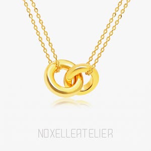 Collar con colgante de anillos entrelazados, collar de doble círculo entrelazado, joyería minimalista de cadena de latón, collar para usar a diario, regalo para ella.