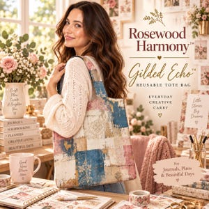 May include: A reusable tote bag featuring a patchwork design in shades of blue, pink, and cream with ornate damask patterns. The bag displays the text Rosewood Harmony Gilded Echo Reusable Tote Bag Everyday Creative Carry For Journals, Plans & Beautiful Days.