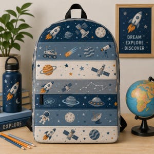 May include: A backpack featuring a repeating space-themed pattern with rockets, planets, stars, satellites, an astronaut, and a telescope. The design is arranged in horizontal bands of varying shades of blue and cream, with a black top handle.