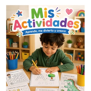 May include: A child in a green top is writing in a workbook at a wooden table. The workbook has the word "árbol" and a tree illustration. The image features the text "Mis Actividades" and "Aprendo, me divierto y crezco". Colour pencils and other workbooks are also visible.