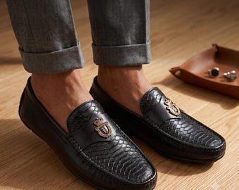 Black Crocodile Leather Loafers for Men, Handmade Luxury Slip On Dress Shoes, Embossed Leather Loafers, Formal Wedding Shoes