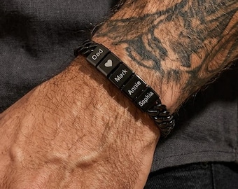 Custom Mens Bracelet for Dad with Kids Names, Personalized Engraved Bead Steel Bracelet, Family Gift for Grandpa, Fathers Day Gift for Dad