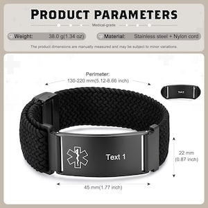 May include: A black medical alert bracelet with a braided nylon cord and a stainless steel plate. The plate features a white Star of Life symbol and the placeholder text 'Text 1'. It measures 45 mm by 22 mm with a 130-220 mm perimeter.