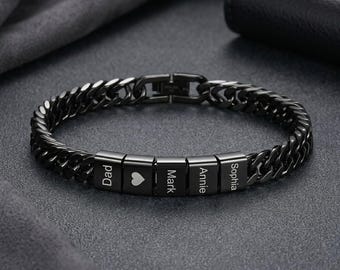 Custom Mens Bracelet for Dad with Kids Names, Personalized Engraved Bead Steel Bracelet, Family Gift for Grandpa, Fathers Day Gift for Dad