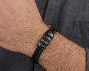 Custom Mens Bracelet for Dad with Kids Names, Personalized Engraved Bead Steel Bracelet, Family Gift for Grandpa, Fathers Day Gift for Dad