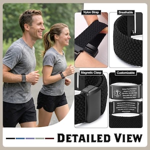 May include: A black nylon medical alert watch band featuring a magnetic clasp and a customizable metal plate. The plate displays the text: Kelsey, Type 2 Diabetes, Allergic to Penicillin, ICE: Chris 123-456-7890, Stacy: 098-765-4321, See Wallet for Meds.