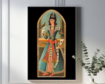 Royal Qajar Prince Falcon Miniature Portrait, 19th Century Iranian Oil Painting, Restored Historical Artwork wall decor - frame & poster