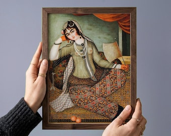 A Reclining Beauty: A Masterpiece of Zand Dynasty Luxury Restored Persian Miniature wall Art, Enhanced for Printing modern & classic home