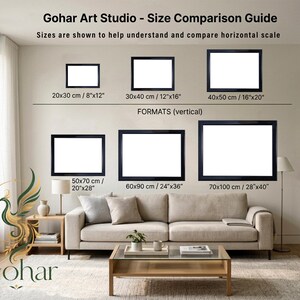 May include: A Gohar Art Studio size comparison guide featuring six black rectangular frames in various dimensions ranging from 8x12 inches to 28x40 inches. The text includes Gohar Art Studio, Size Comparison Guide, and FORMATS (vertical).