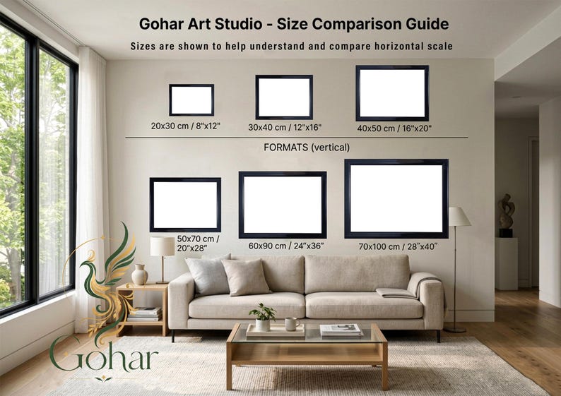 May include: A Gohar Art Studio size comparison guide featuring six black rectangular frames in various dimensions ranging from 8x12 inches to 28x40 inches. The text includes Gohar Art Studio, Size Comparison Guide, and FORMATS (vertical).