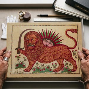 May include: A rectangular parchment featuring a hand-painted illustration of a lion holding a curved sword, with a sun-like human face emerging from its back. The artwork is framed by a decorative border and includes small floral motifs.