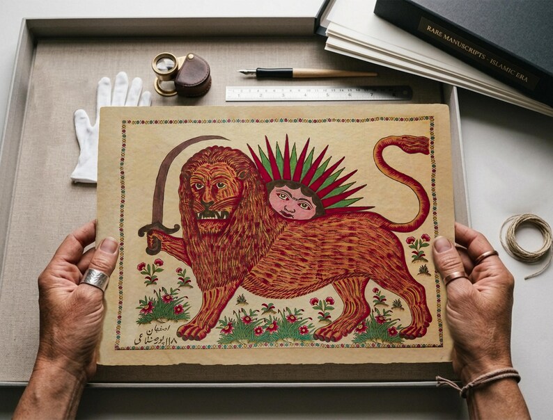 May include: A rectangular parchment featuring a hand-painted illustration of a lion holding a curved sword, with a sun-like human face emerging from its back. The artwork is framed by a decorative border and includes small floral motifs.