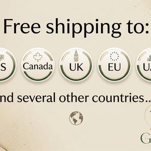 May include: A beige graphic featuring the text Free shipping to: followed by five circular icons representing the US, Canada, UK, EU, and UAE. Below this, the text and several other countries... appears above a globe icon and the Gohar logo.