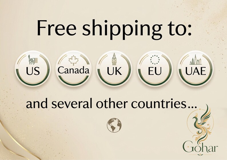 May include: A beige graphic featuring the text Free shipping to: followed by five circular icons representing the US, Canada, UK, EU, and UAE. Below this, the text and several other countries... appears above a globe icon and the Gohar logo.