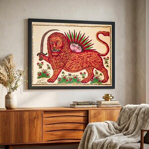 Rare Lion and Sun Iran Flag Restoration – 1880 Isfahan Persian Folk Art Poster - wall decor - wooden Canvas - frame - fine museum paper image 8